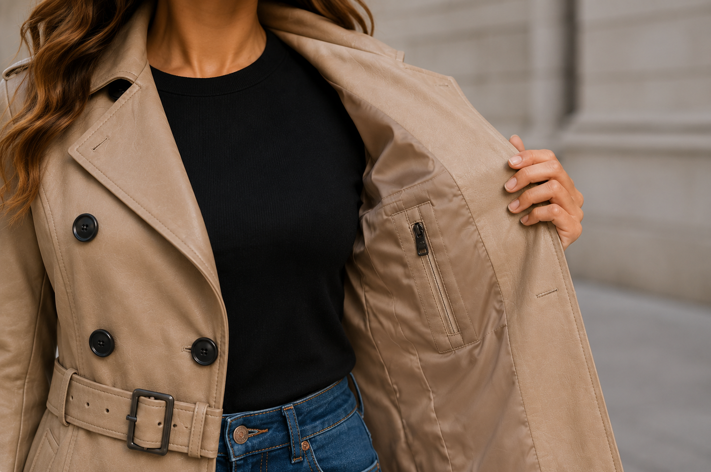 Women's Vantoro Beige Leather Trench Coat