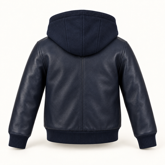 Kids' Vantoro Navy Hooded Leather Bomber Jacket — rear view