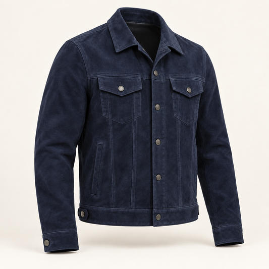Vantoro men's navy suede trucker jacket – view 2