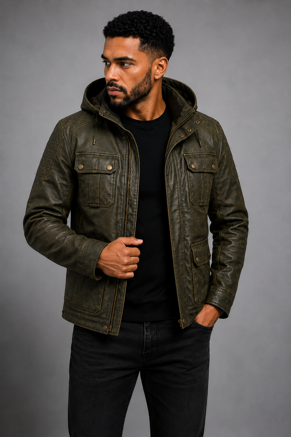 Men's VANTORO Vintage Hooded Leather Field Jacket