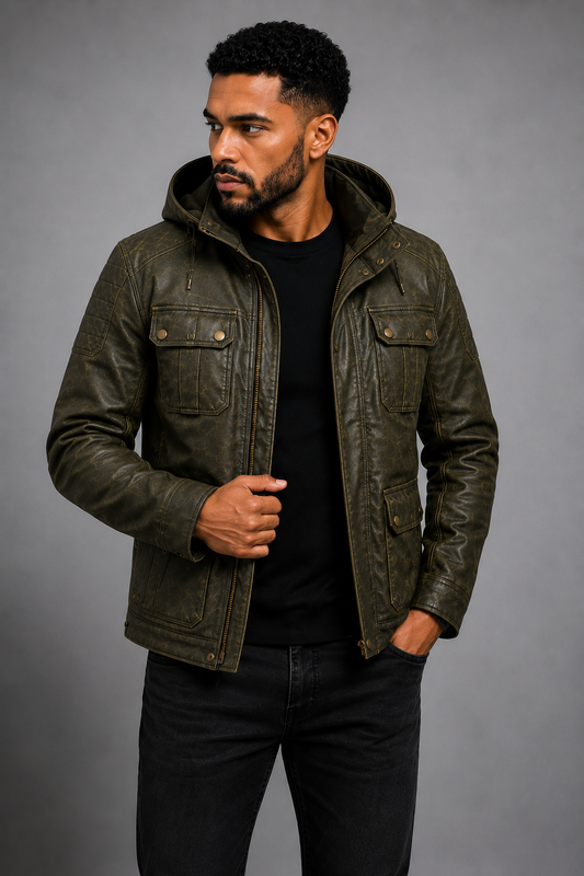 Men's VANTORO Vintage Hooded Leather Field Jacket