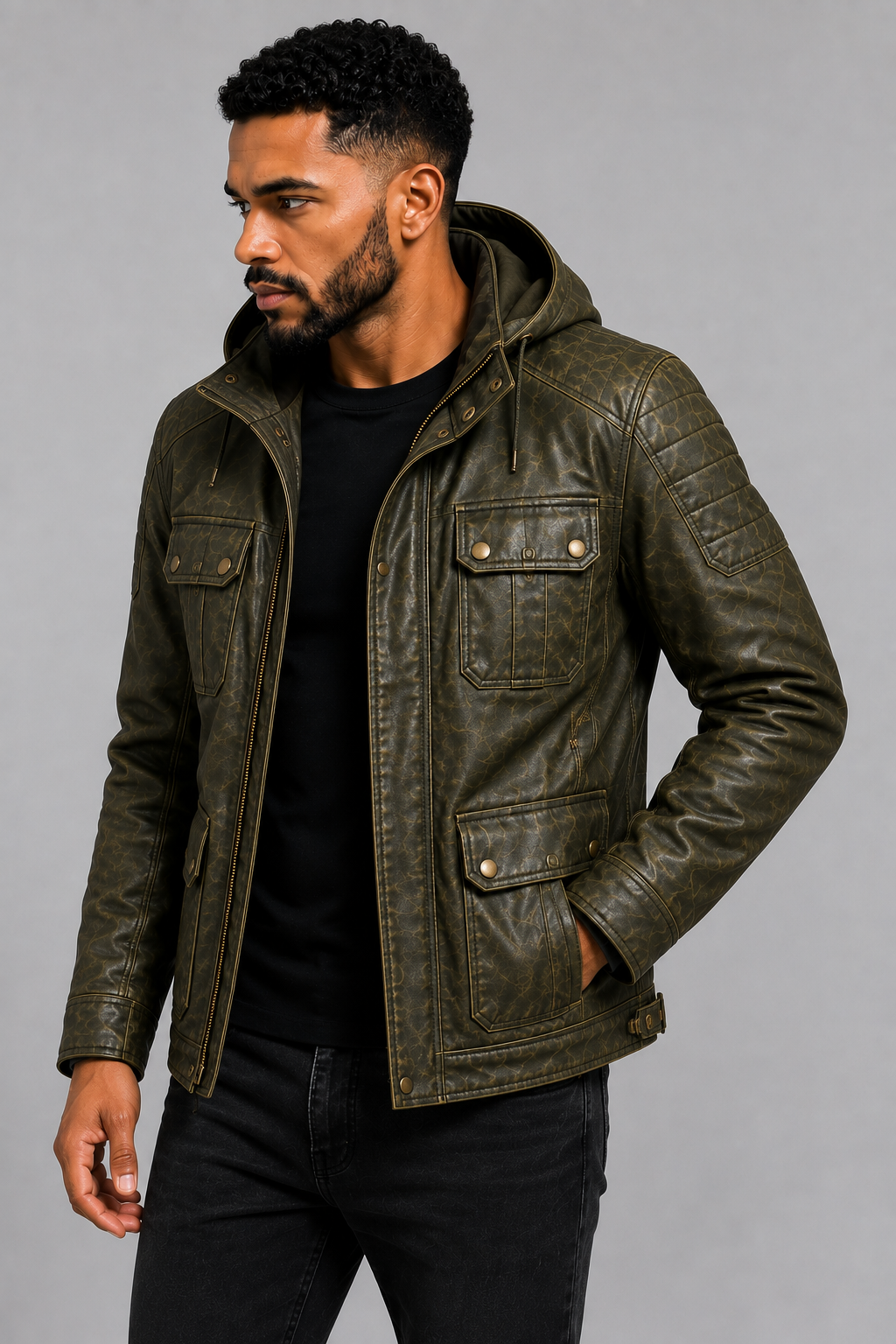 Men's VANTORO Vintage Hooded Leather Field Jacket