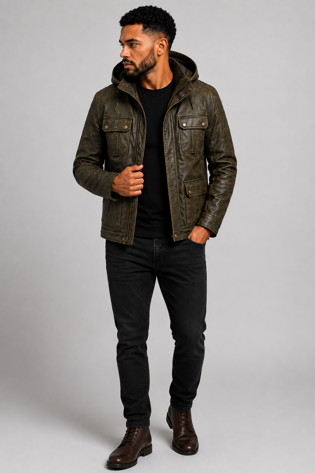 Men's VANTORO Vintage Hooded Leather Field Jacket