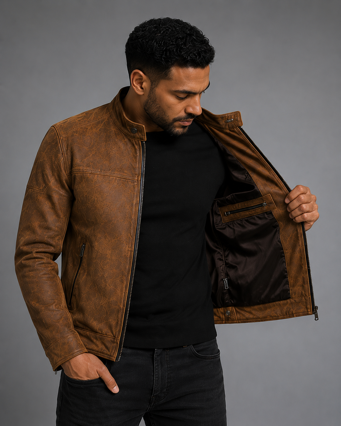 Men's Vintage Cognac Cafe Racer Leather Jacket