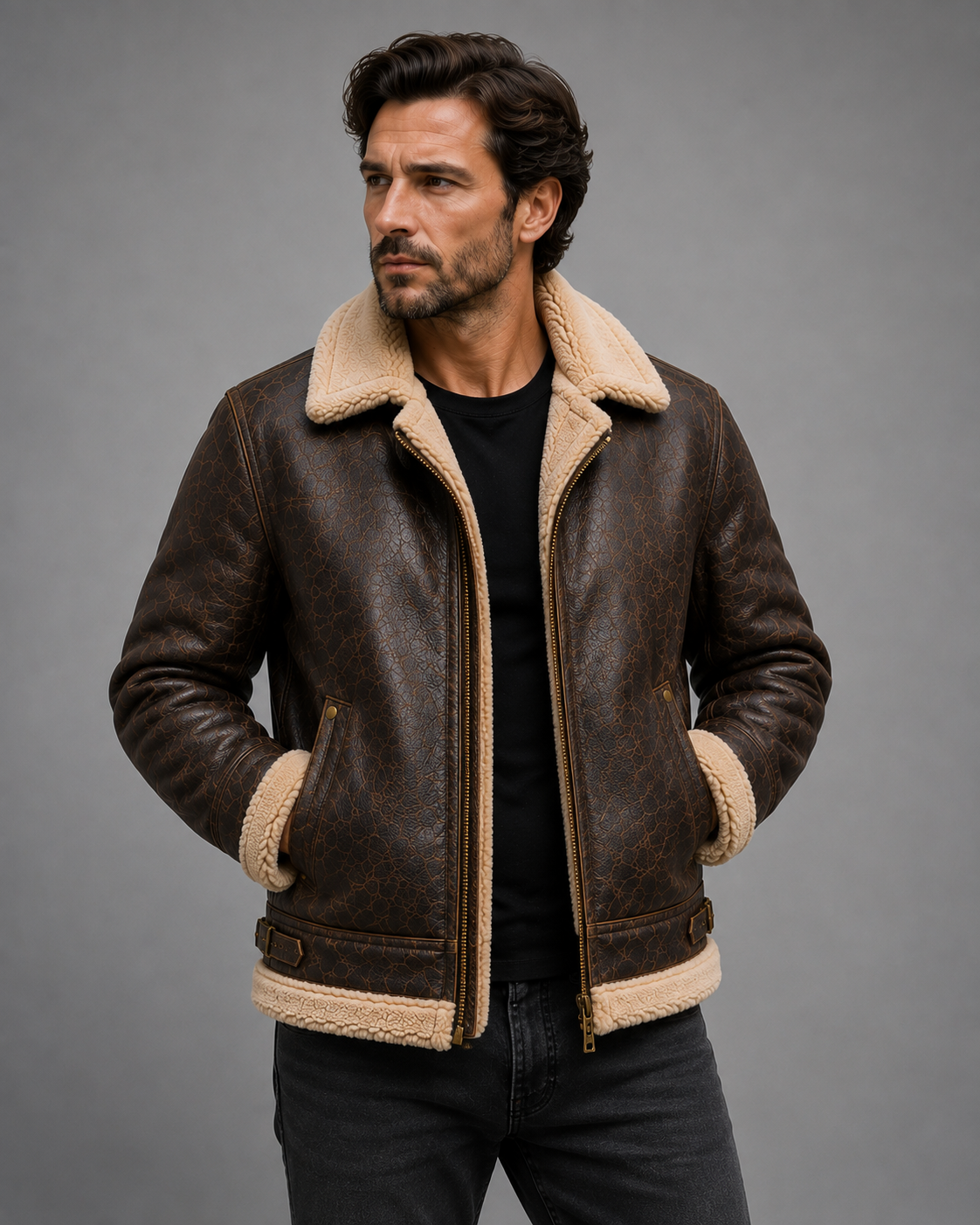 Men's Vantoro Brown Shearling Aviator Jacket