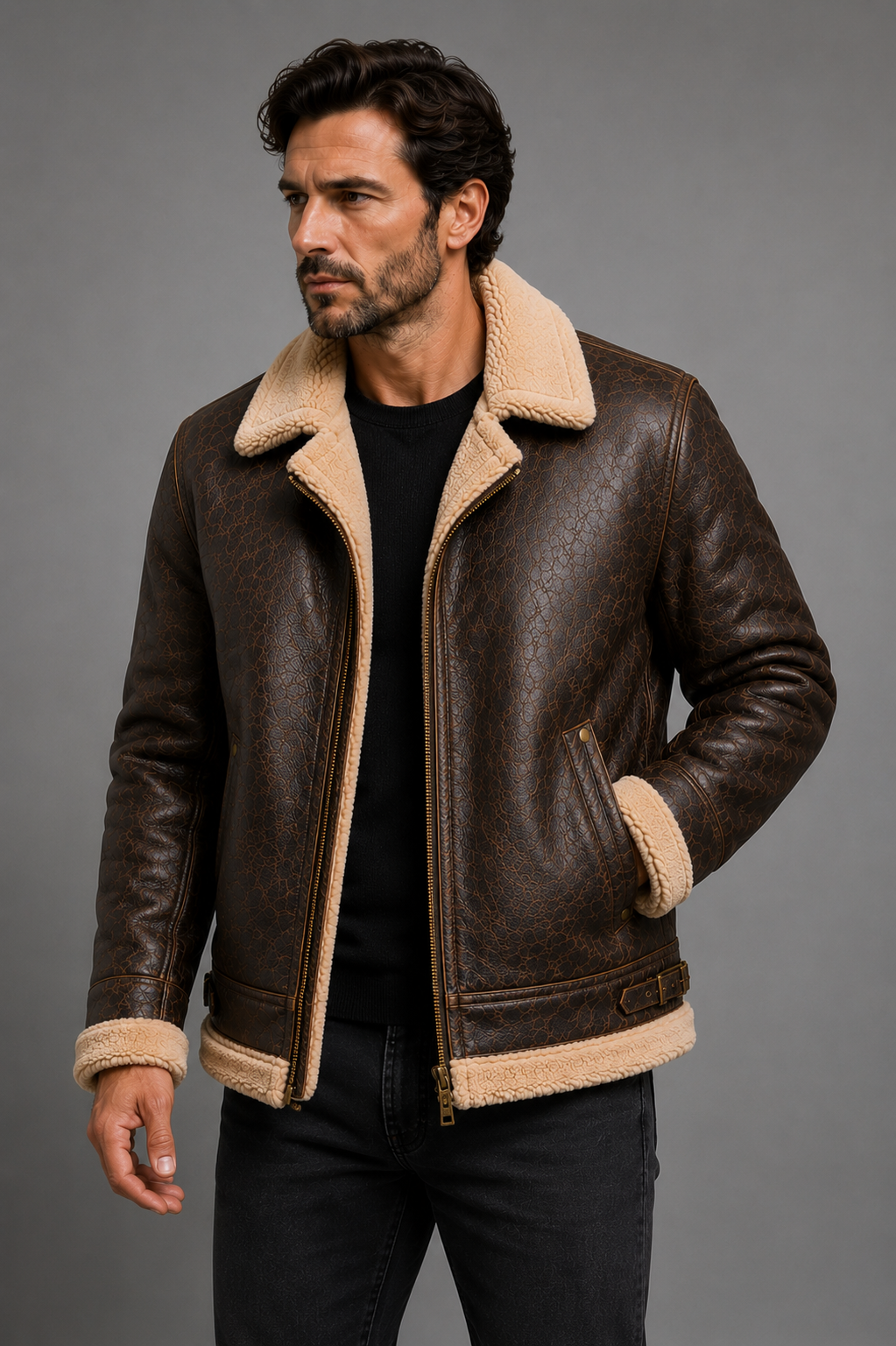 Men's Vantoro Brown Shearling Aviator Jacket