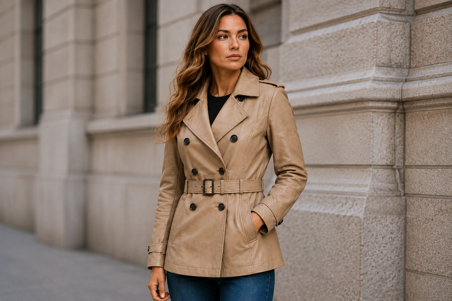Women's Vantoro Beige Leather Trench Coat