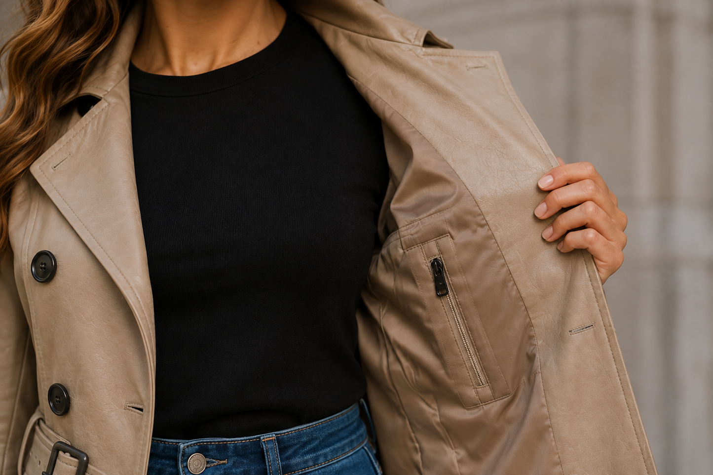 Women's Vantoro Beige Leather Trench Coat