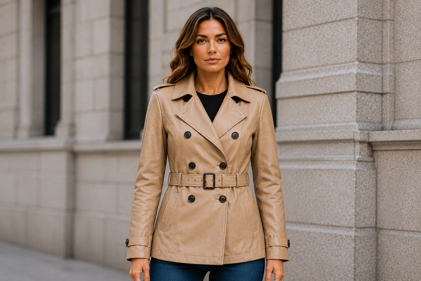 Women's Vantoro Beige Leather Trench Coat