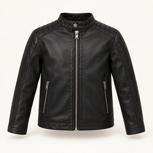 Kids' Vantoro Black Leather Moto Jacket — front view