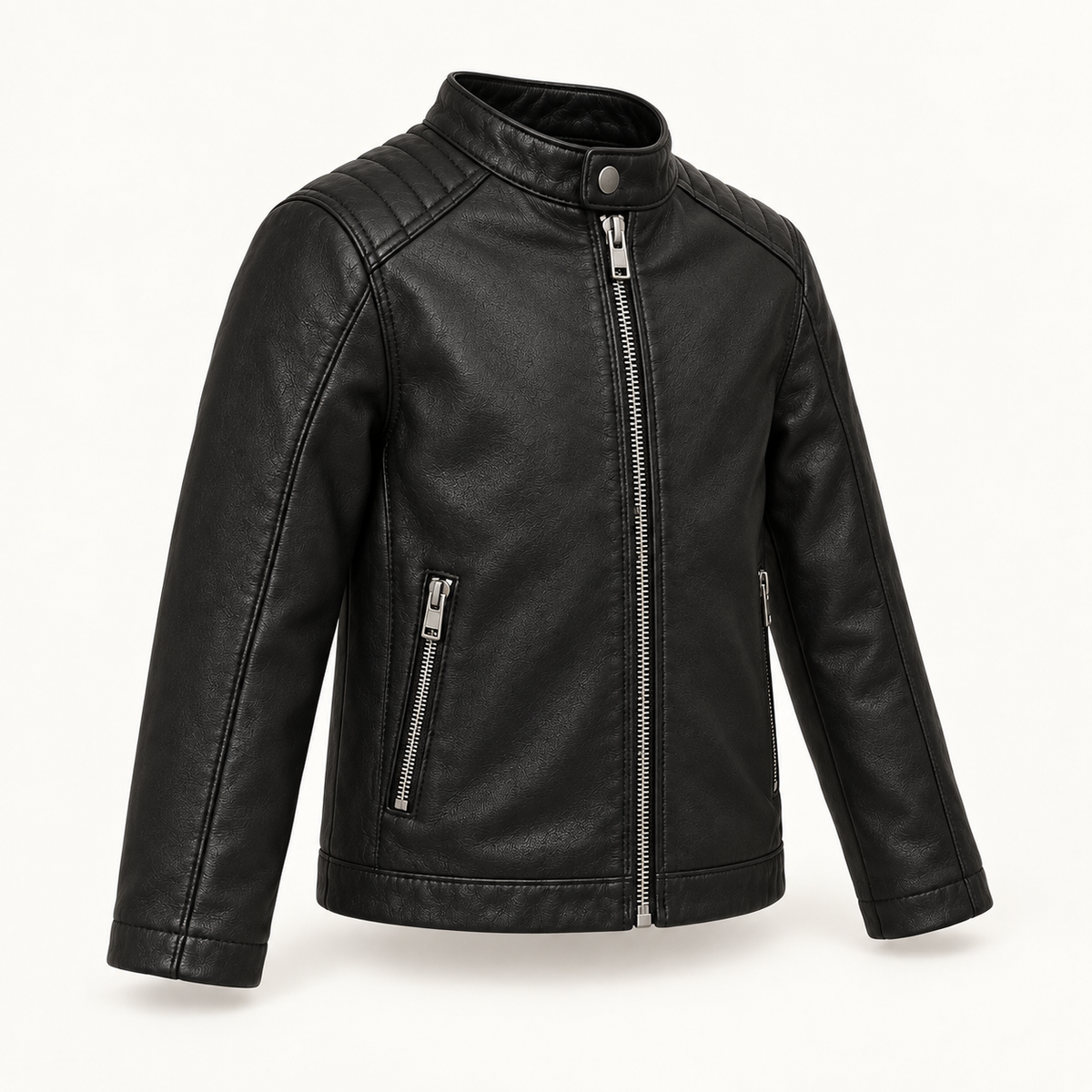 Kids' Vantoro Black Leather Moto Jacket — three-quarter view