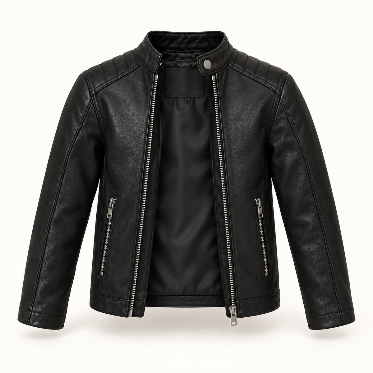 Kids' Vantoro Black Leather Moto Jacket — open-front view