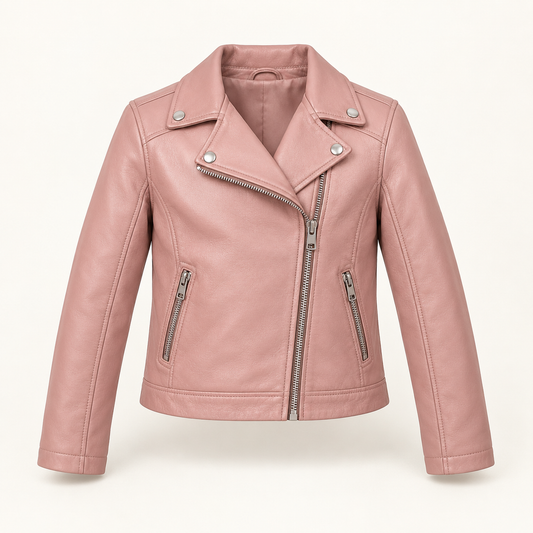 Kids' Vantoro Blush Pink Leather Biker Jacket — front view