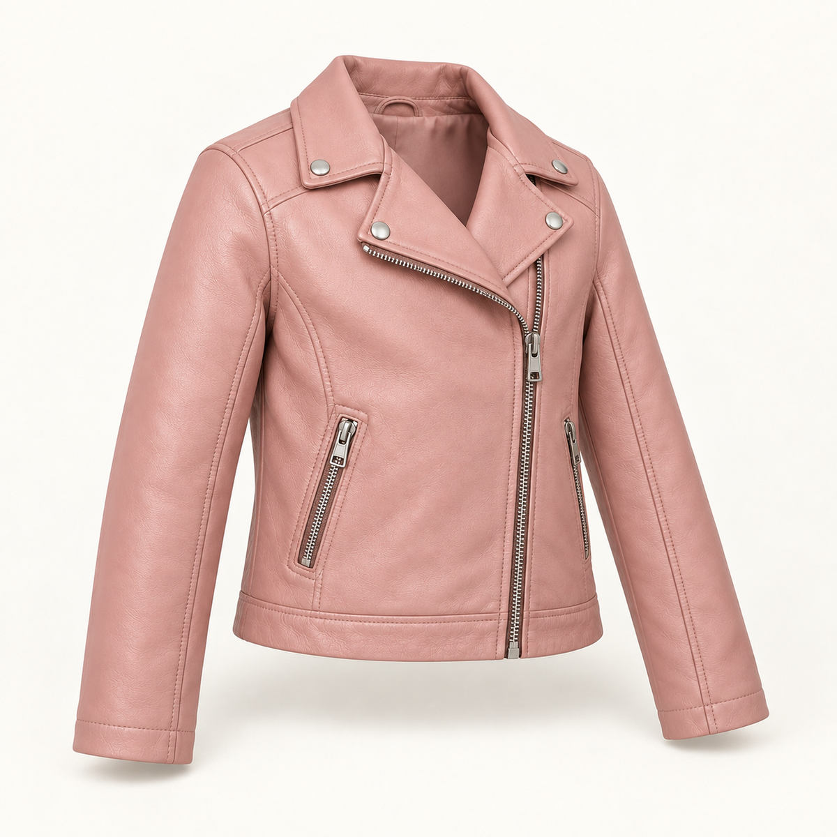 Kids' Vantoro Blush Pink Leather Biker Jacket — three-quarter view