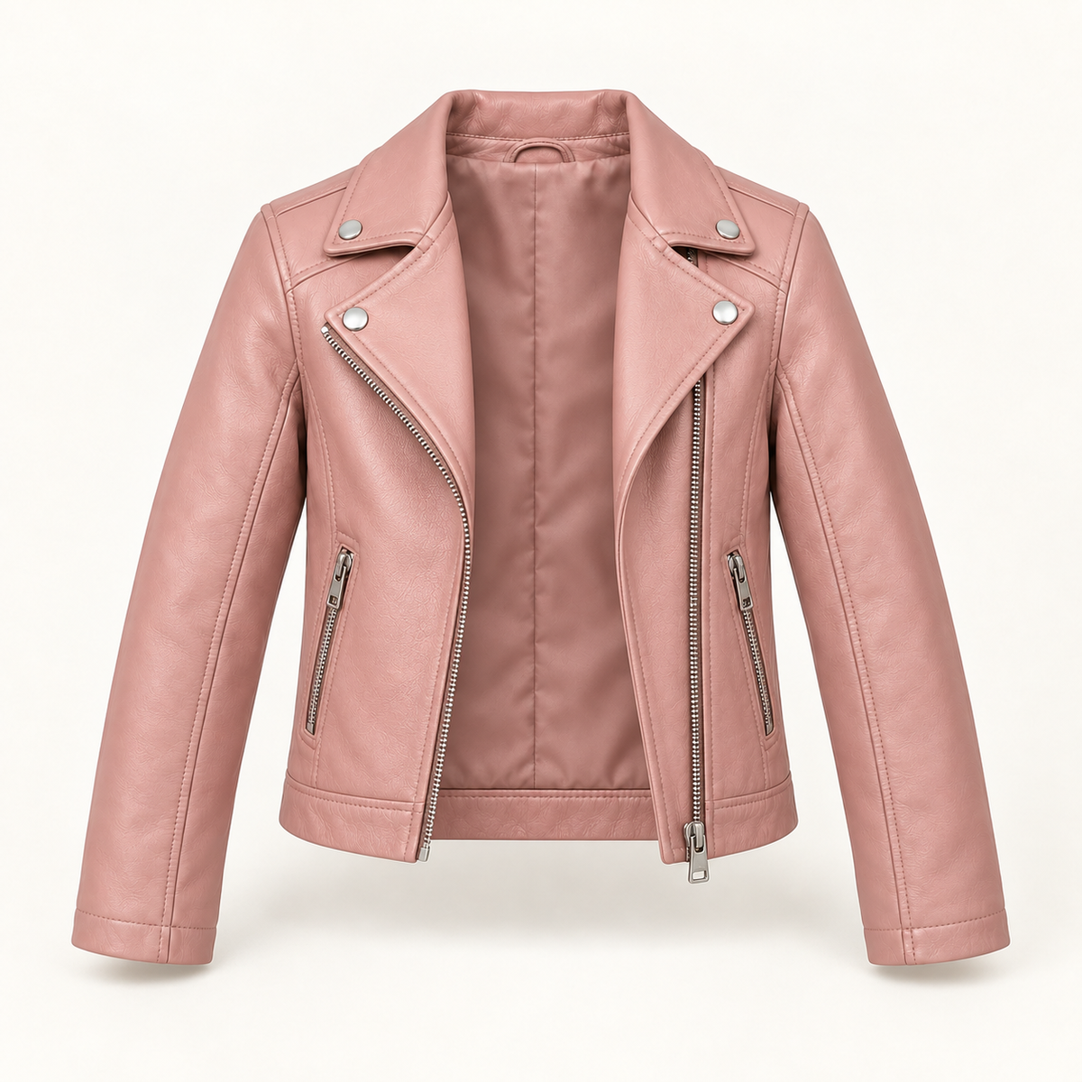 Kids' Vantoro Blush Pink Leather Biker Jacket — open-front view