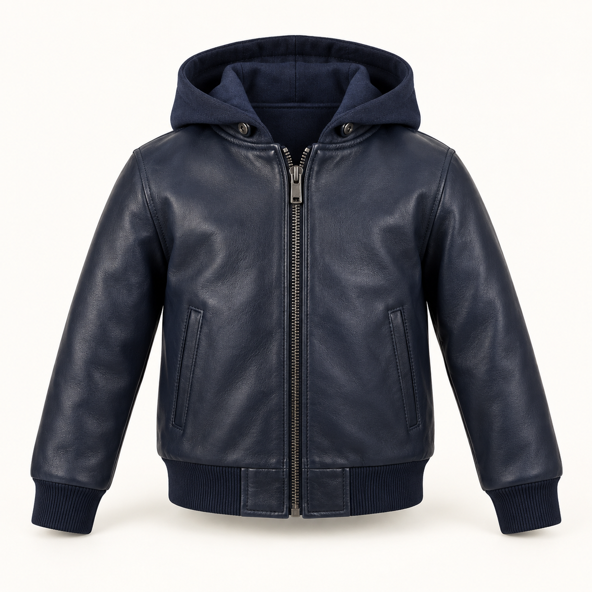 Kids' Vantoro Navy Hooded Leather Bomber Jacket — front view
