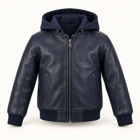 Kids' Vantoro Navy Hooded Leather Bomber Jacket — front view