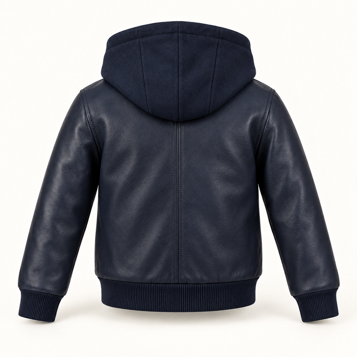 Kids' Vantoro Navy Hooded Leather Bomber Jacket — rear view
