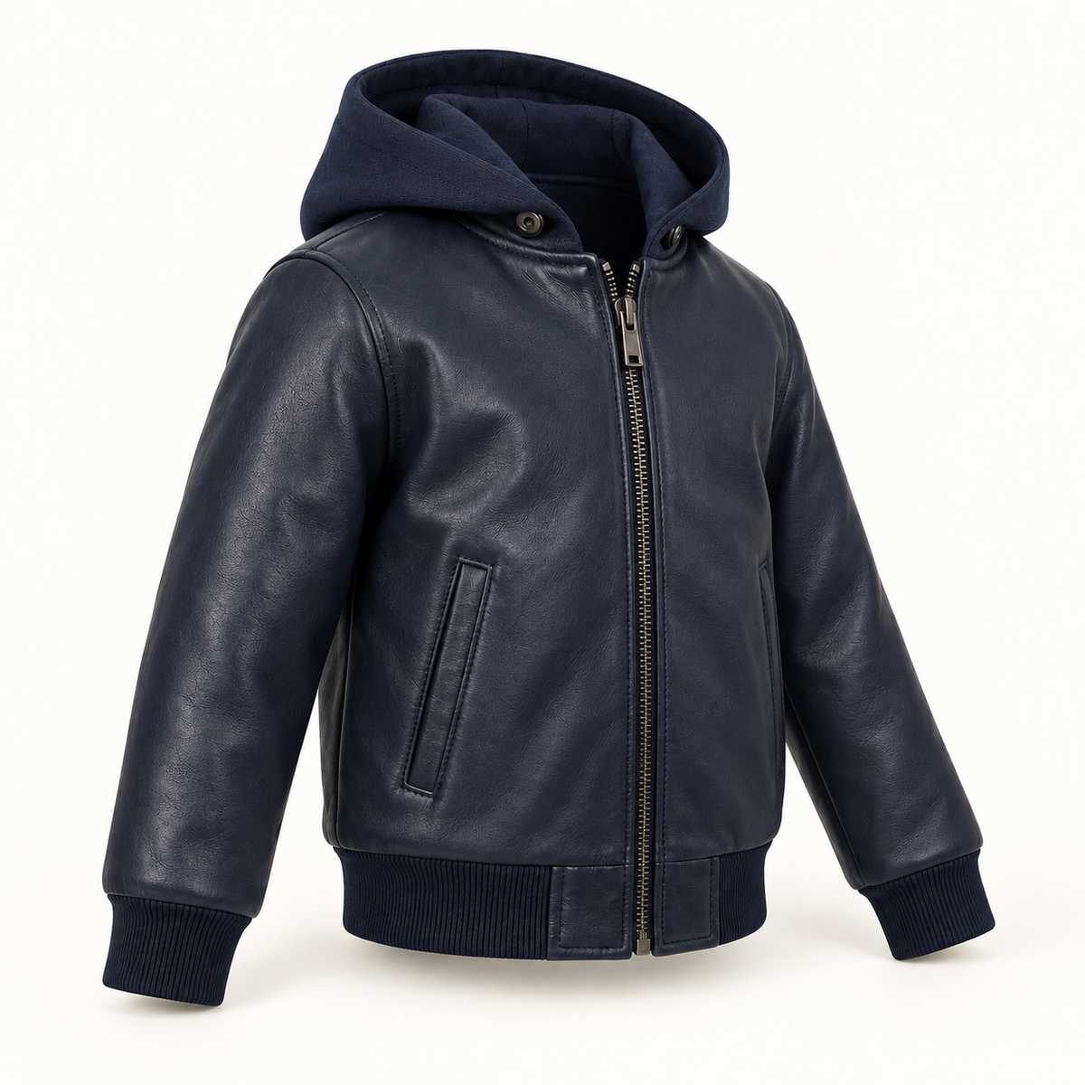Kids' Vantoro Navy Hooded Leather Bomber Jacket — three-quarter view