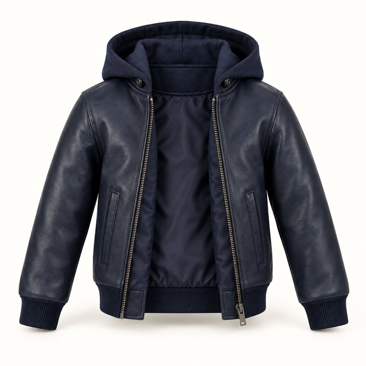 Kids' Vantoro Navy Hooded Leather Bomber Jacket — open-front view