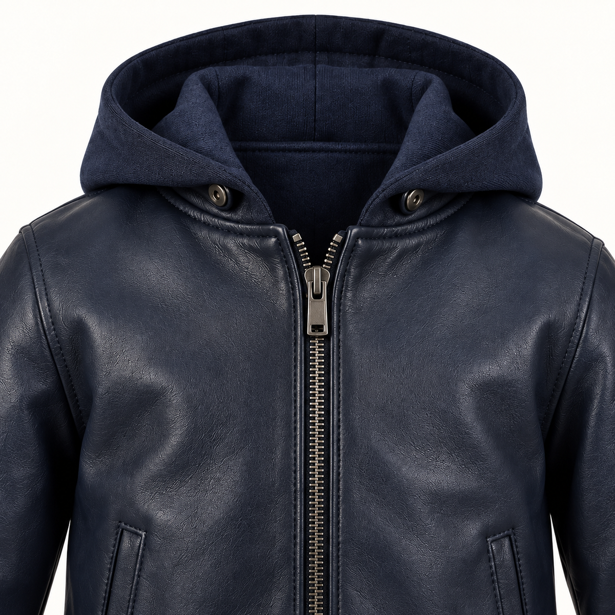 Kids' Vantoro Navy Hooded Leather Bomber Jacket — detail view