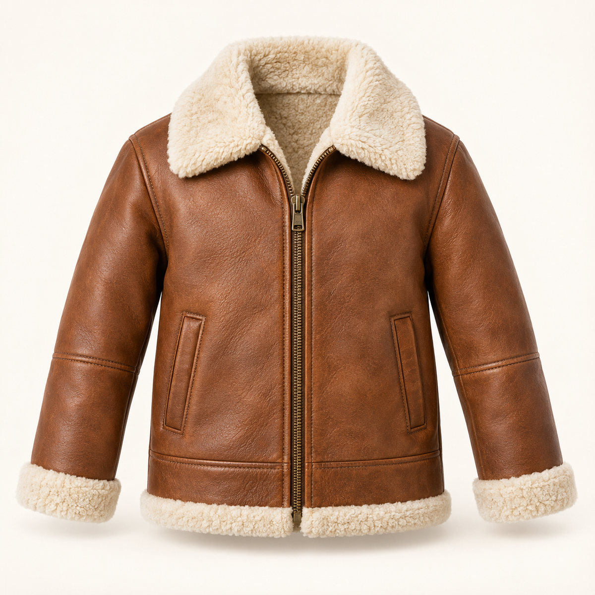 Kids' Vantoro Tan Shearling Aviator Jacket — front view