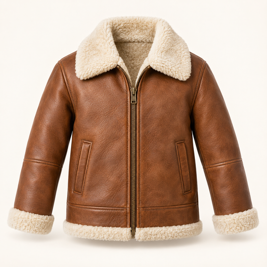 Kids' Vantoro Tan Shearling Aviator Jacket — front view
