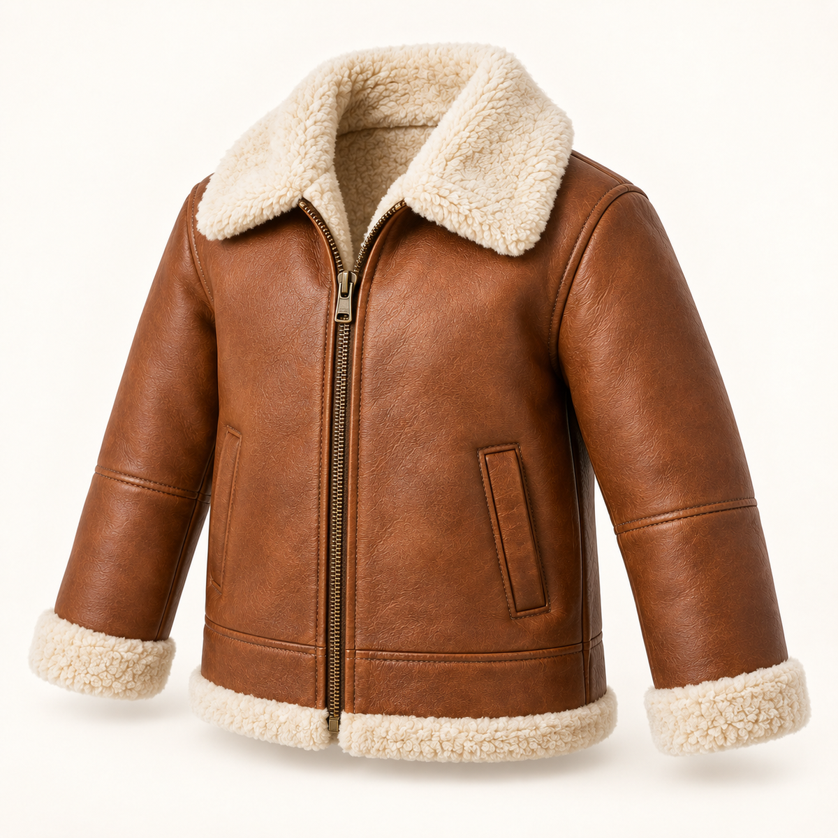 Kids' Vantoro Tan Shearling Aviator Jacket — three-quarter view