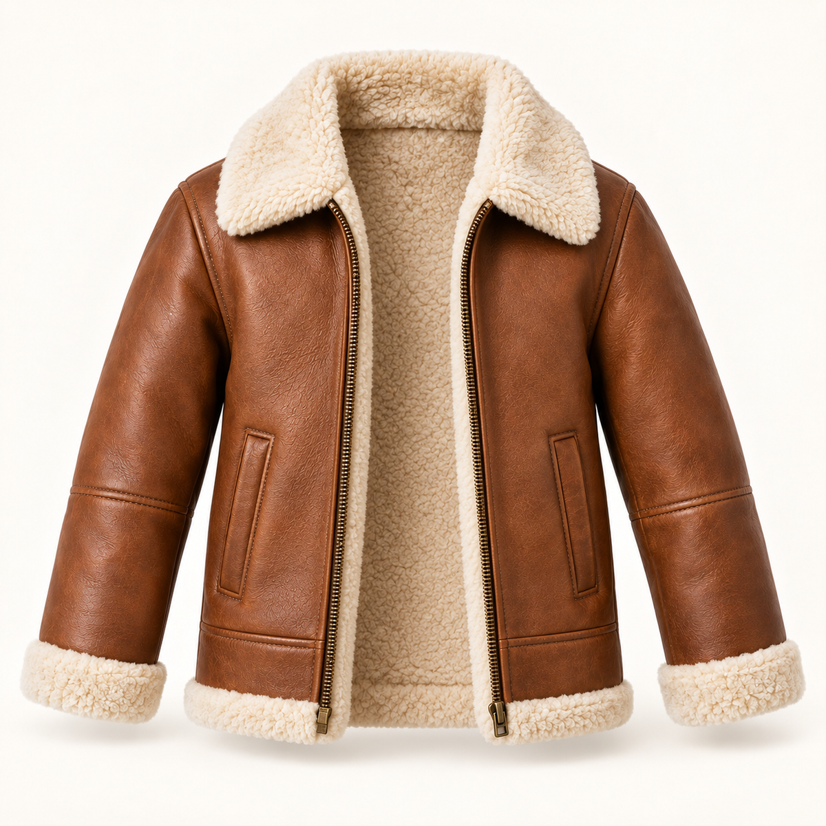 Kids' Vantoro Tan Shearling Aviator Jacket — open-front view